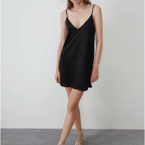 Zara Satin Mini Slip Dress Black Size M - Picture 1 of 10